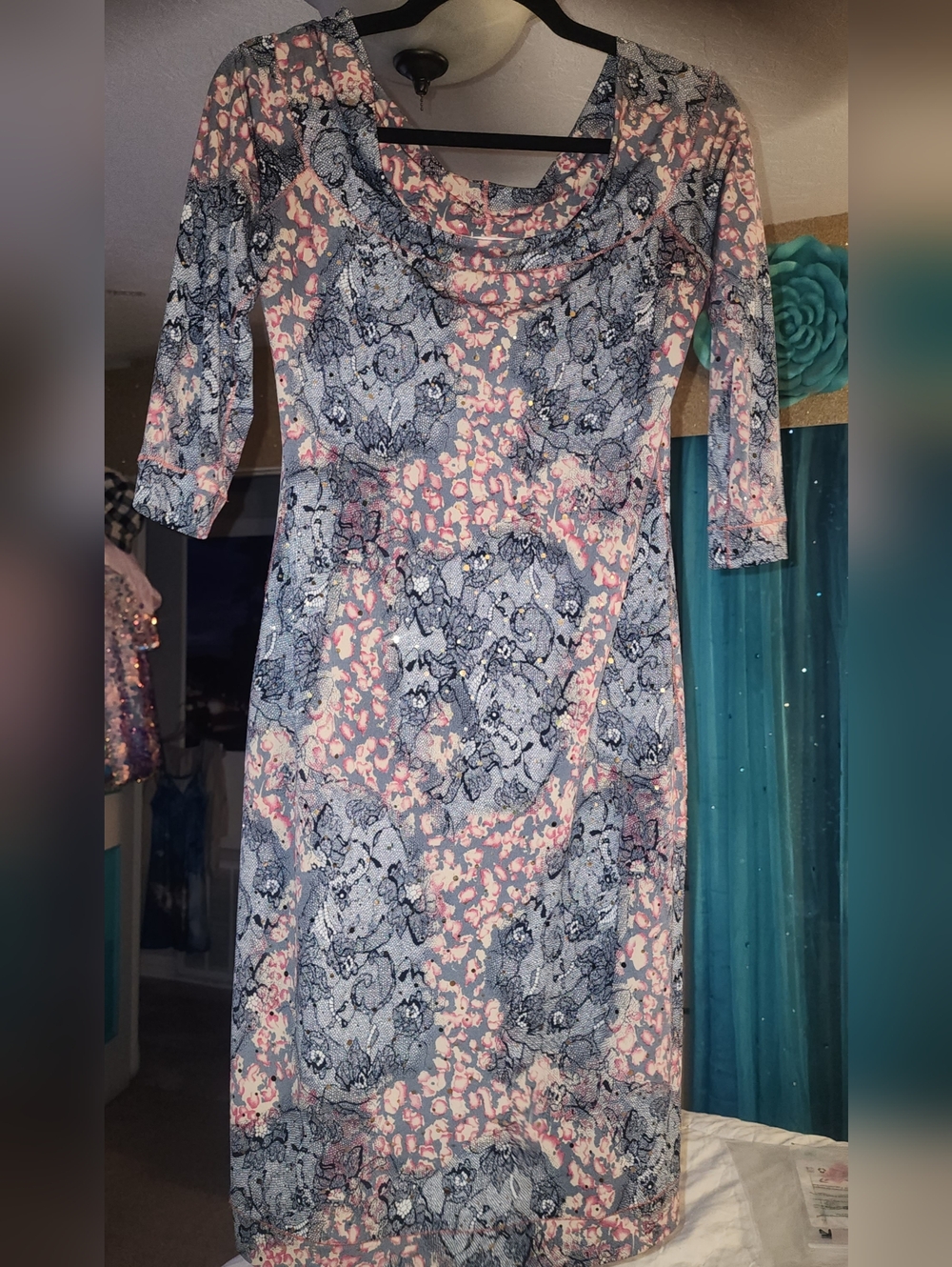 Vintage Joseph Ribkoff Floral Grey and Pink Lace-Print Midi Sequin Dress